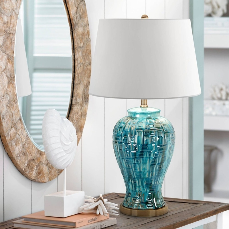 Table Lamp Temple Jar Silhouette, Coastal Chic. Teal Glaze.