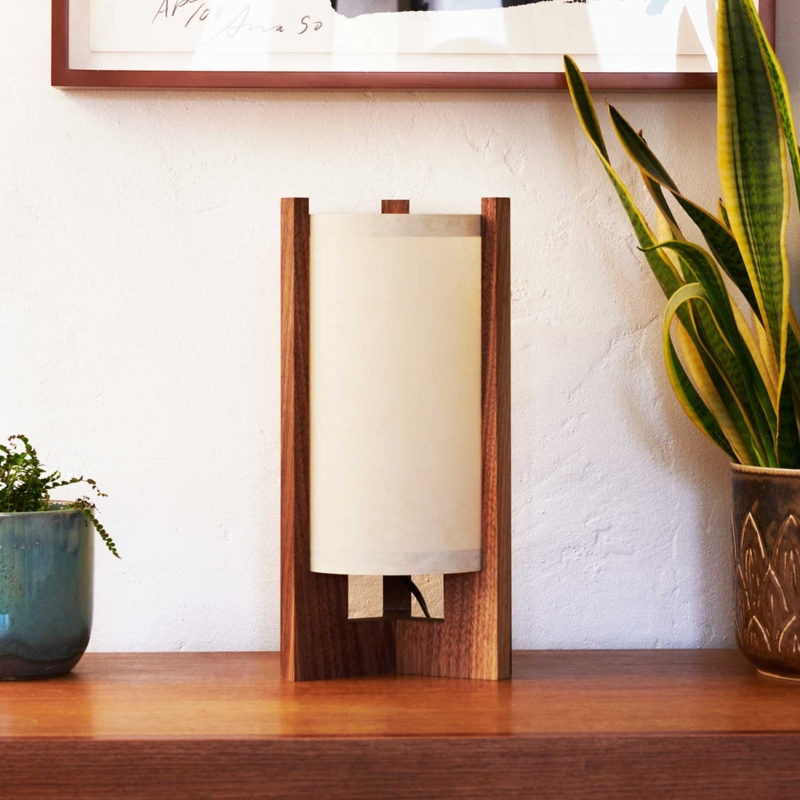 Table Lamp Textured Drum Shade Turned Wood Base Mid-Century Modern