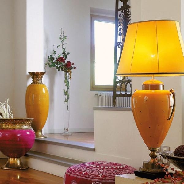 Table Lamp, Traditional Majolica Style, Double Gourd, Pleated Shade.