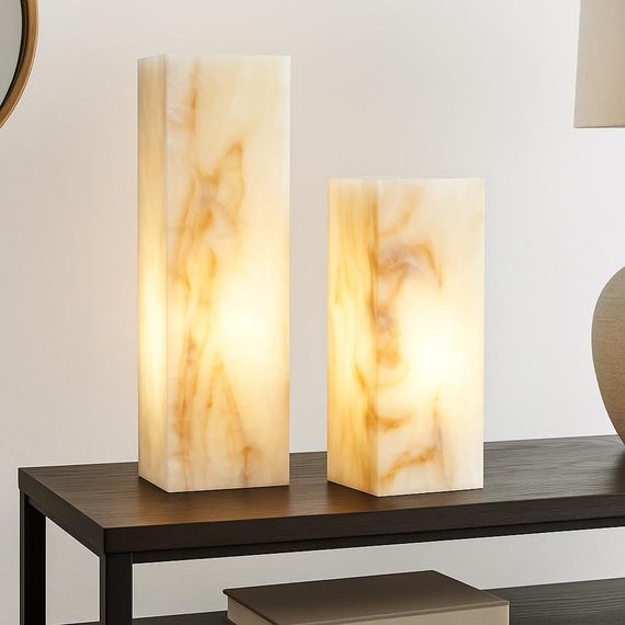 Table Lamp Translucent Ivory Stone Rectangular Block Base Internal Glow