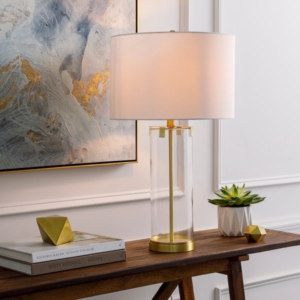 Table Lamp, Translucent Ribbed Glass Cylindrical Base, Tapered Shade