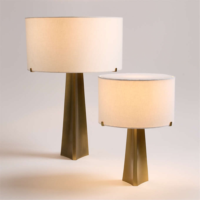 Table Lamp Triangular Brass Base White Drum Shade Mid Century Modern