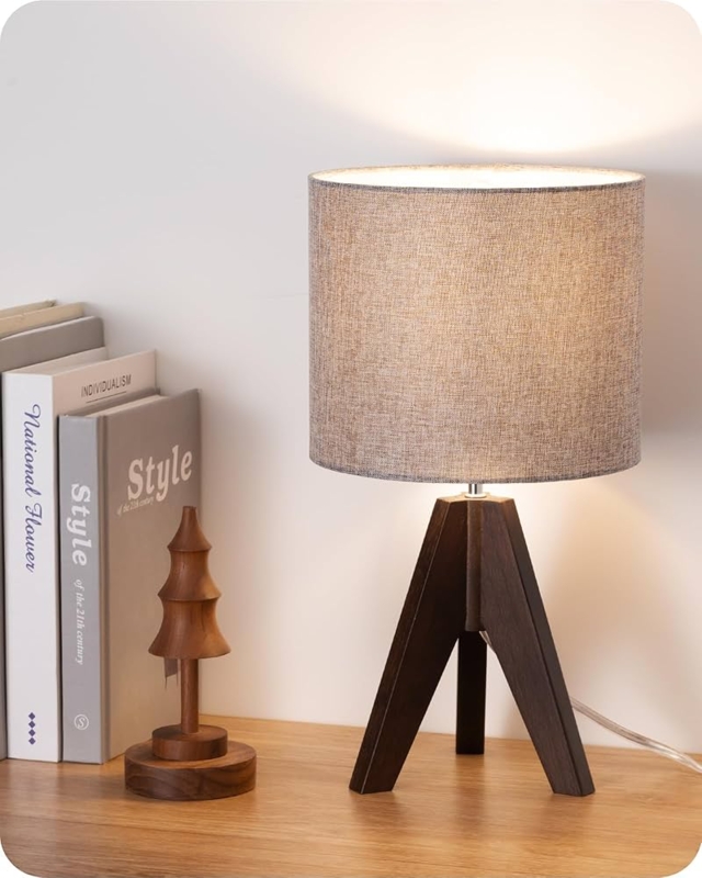 Table Lamp Tripod Base Gray Linen Shade Boho Style Nightstand Lamp