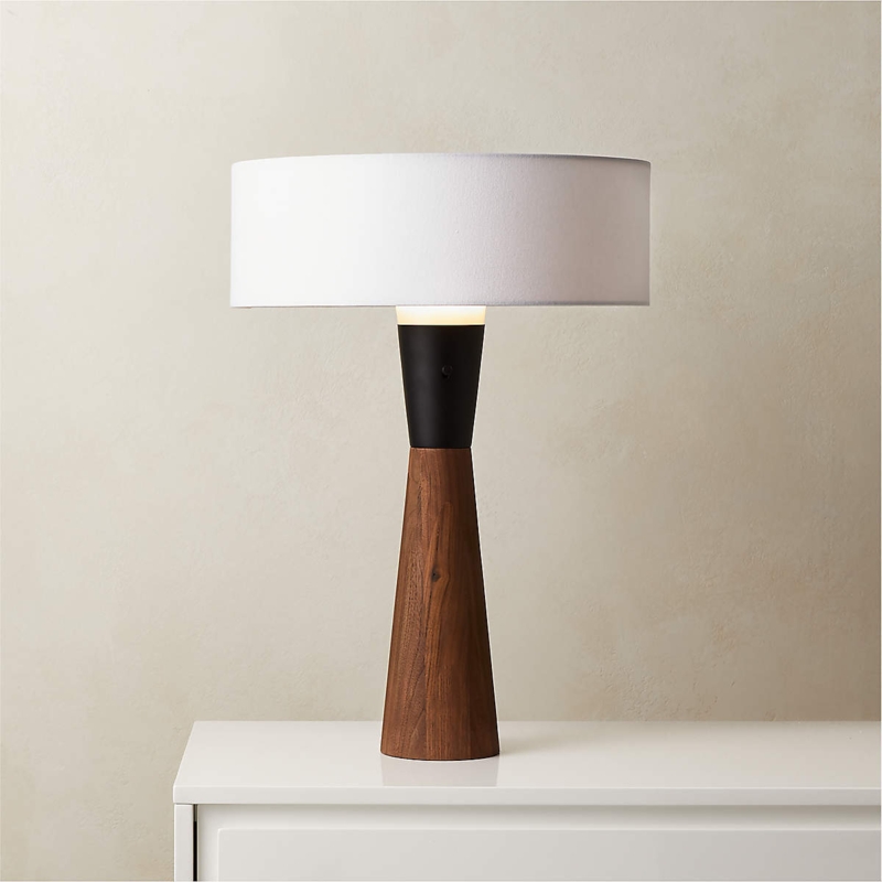 Table Lamp Tripod Wood Base Tapered Shade Sculptural Silhouette