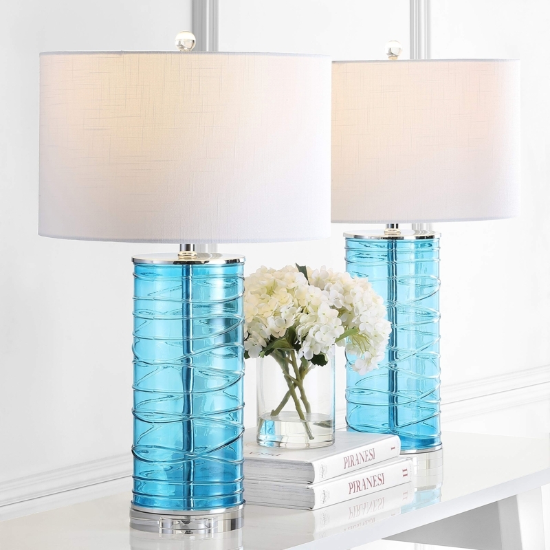Table Lamp, Turquoise Fused Glass Cylinder Base with Gold Accents