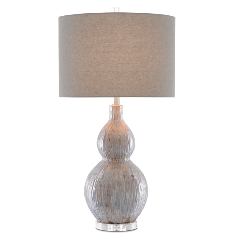 Table Lamp Variegated Blue Gray Glass Base White Linen Shade Swirl