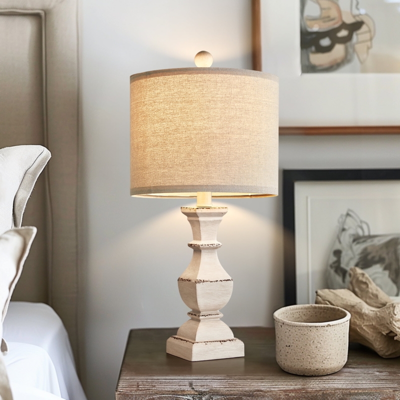 Table Lamp: Vintage Farmhouse, Whitewashed Resin Base, Retro Carved