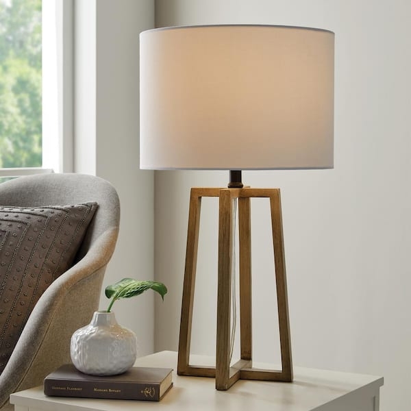 Table Lamp Walnut Wood Base Black Hardware Drum Shade Modern Industrial