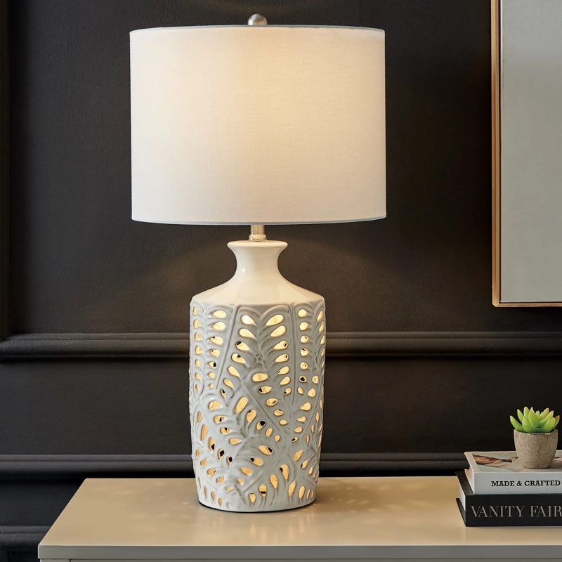 Table Lamp: White Ceramic Openwork Palm Leaf Base Design