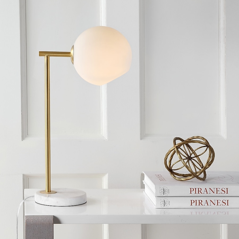Table Lamp with Arched Gold Neck and White Marble Block Base