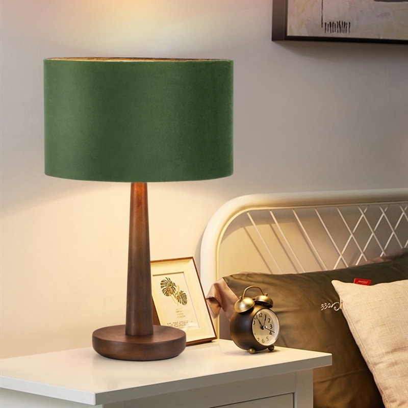 Table Lamp with Green Velvet Shade and Tapered Walnut Wood Base