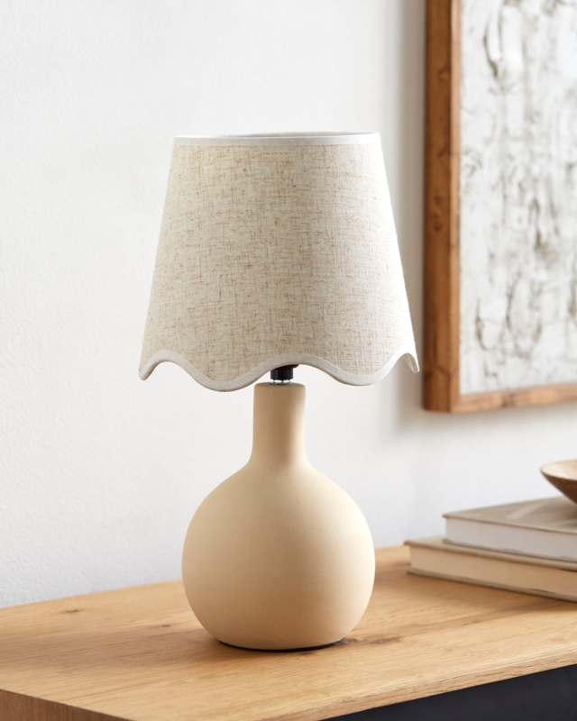 Table Lamp with Scalloped Shade: Cream Ceramic Coastal Cottage Decor