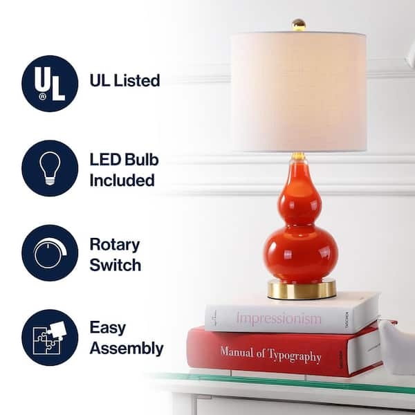 Table Lamp with Vibrant Orange Glass Base and White Drum Shade