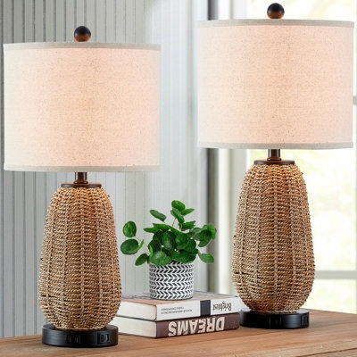 Table Lamp Woven Rattan Base Integrated USB Port Coastal Organic Style