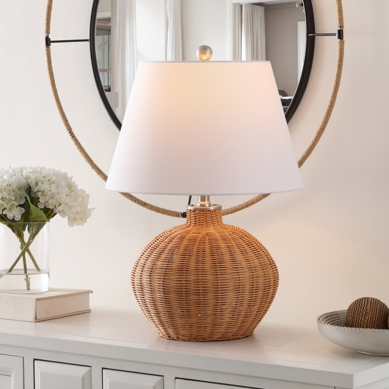 Table Lamp: Woven Rattan Orb Base for Boho Chic Bedroom
