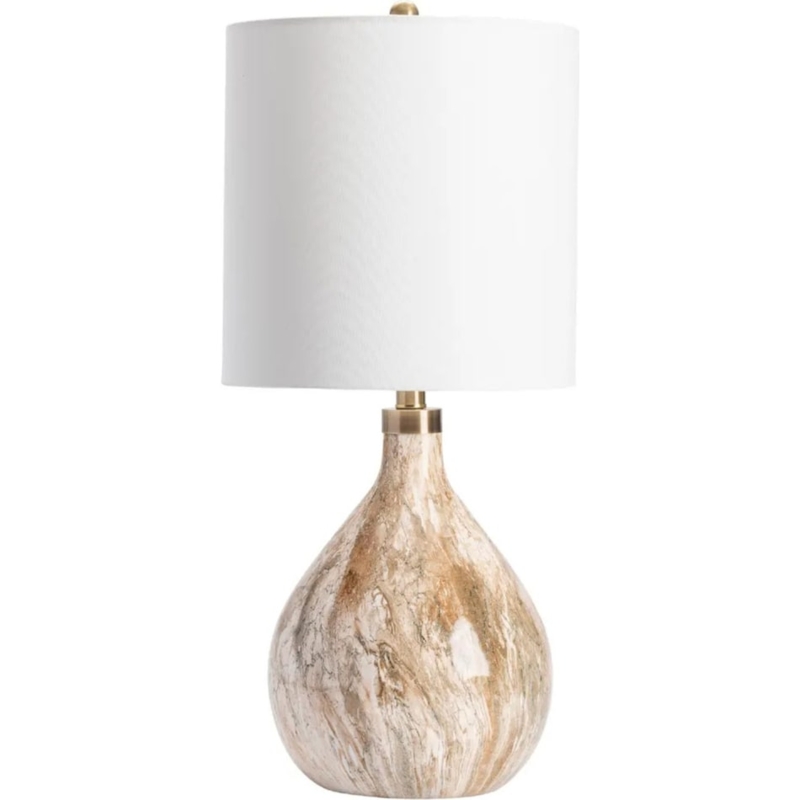 Tall Table Lamp Marbled Stone Look Polished Finish Tan Drum Shade