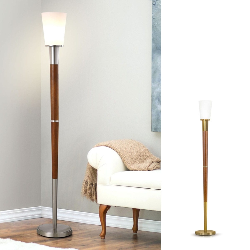 Tall Walnut Torchiere Floor Lamp with Frosted Glass Bowl Shade