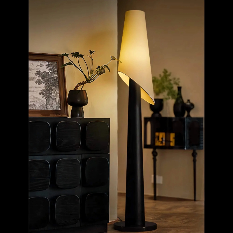 Tapered Floor Lamp Dark Ash Wood Base Linen Shade Scandinavian