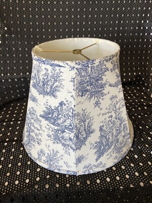 Tapered Lamp Shade Blue White Toile Pastoral Print Rolled Edge
