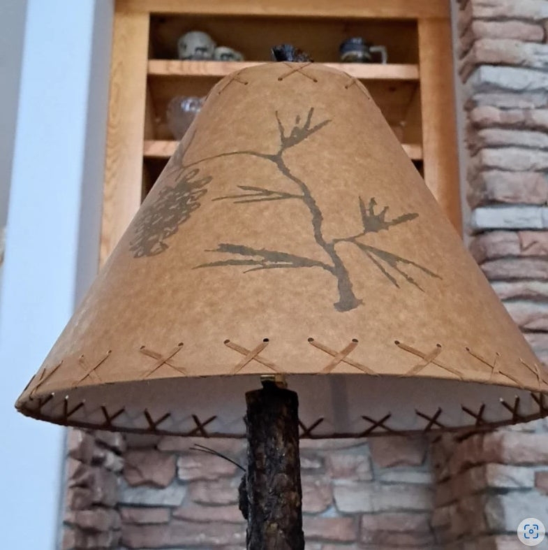 Tapered Lamp Shade in Oiled Kraft Material with Pinecone Print & Lacing.