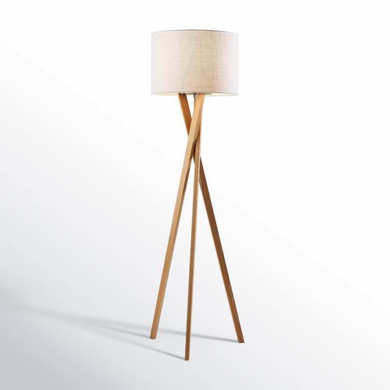 Tapered Leg Tripod Floor Lamp Wood Toned Drum Shade Mid Century