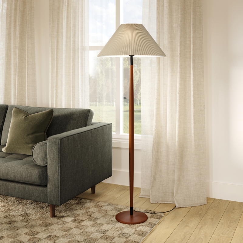 Tapered Walnut Floor Lamp with Linen Drum Shade Mid-Century