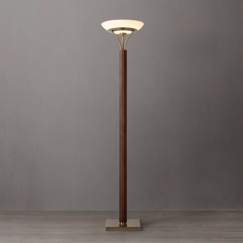 Tapered Walnut Torchiere Floor Lamp with Warm Brass Accents and Uplight