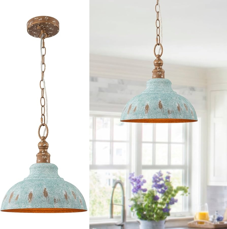 Teal Farmhouse Pendant Lighting with Gold Hardware Contrast Bowl Shade
