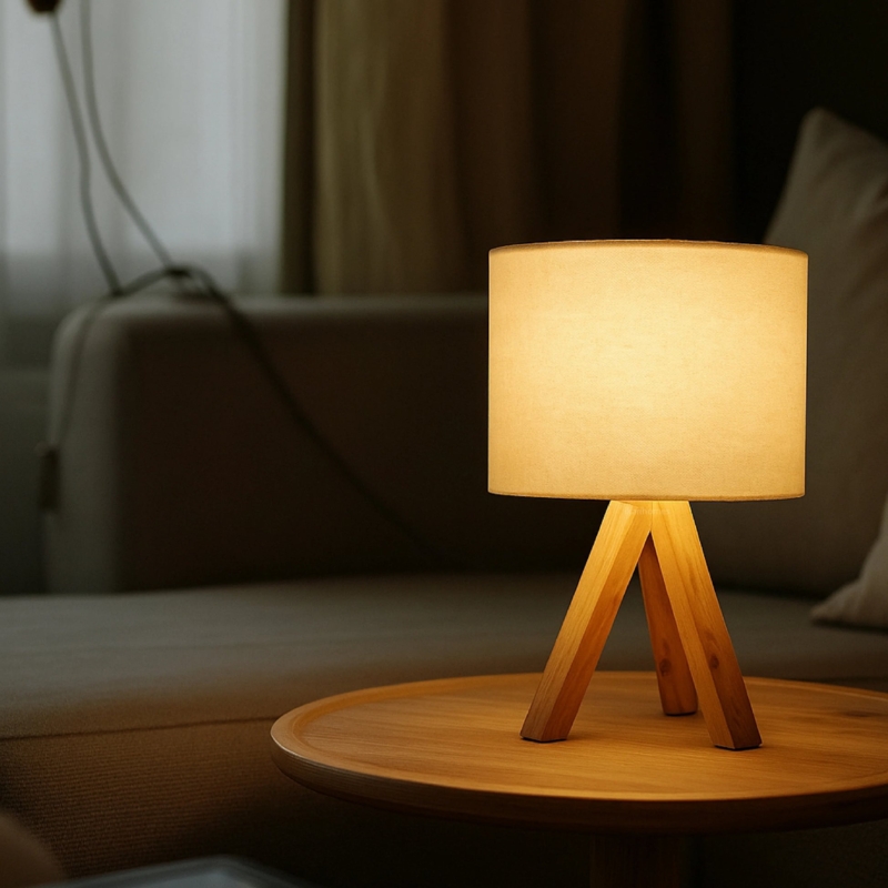 Textured Tripod Lamp Boho Style Woven Drum Shade Light Wood