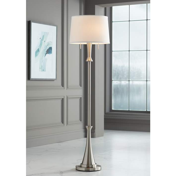 Three Arm Floor Lamp Brushed Nickel Staggered Heights Drum Shades
