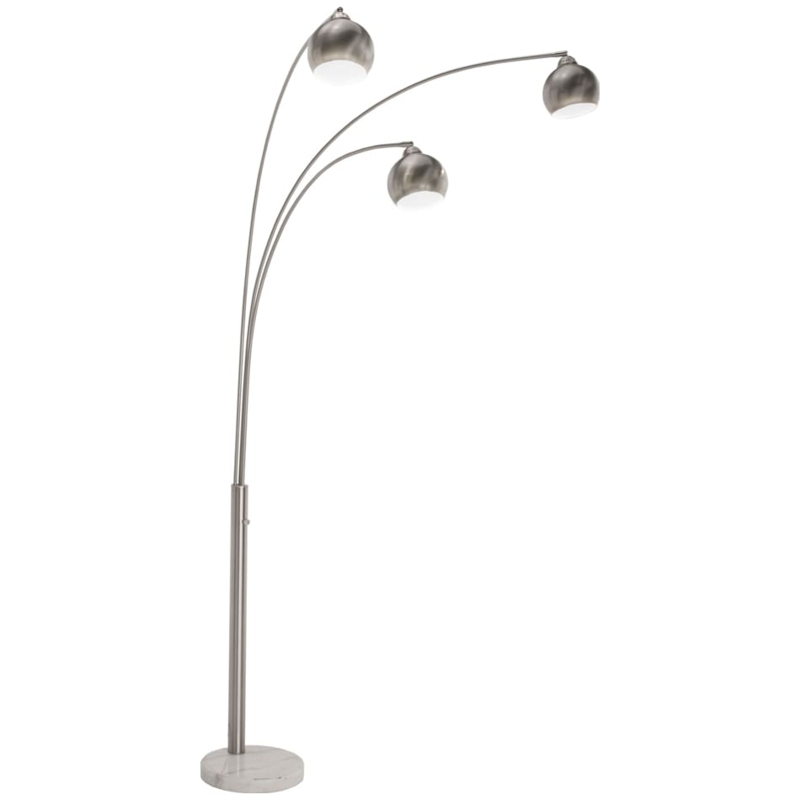 Three Light Arc Floor Lamp Brushed Steel Grey Drum Shades