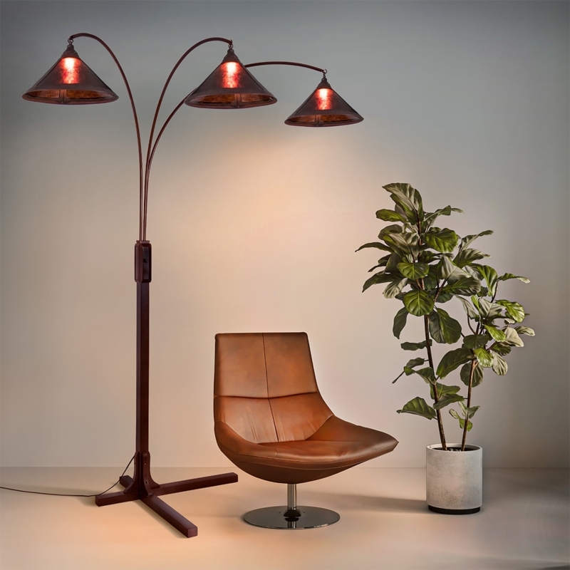 Three-Light Arc Floor Lamp | Tiered Heights, Amber Mica Shades, Warm Light