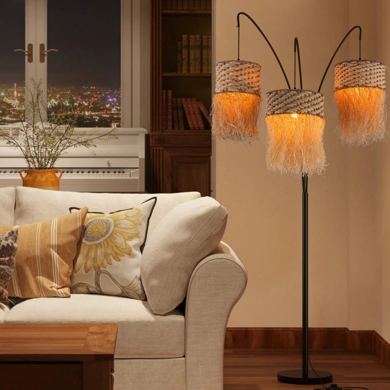 Three-Light Arc Floor Lamp with Tiered Raffia Shades and Black Finish