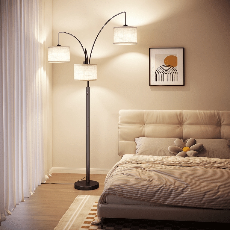 Three Light Arc Lamp Matte Black Multi Arm Drum Shades Modern