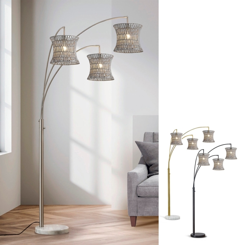 Three-Light Arched Floor Lamp Rattan, Boho Living Room Corner Lighting
