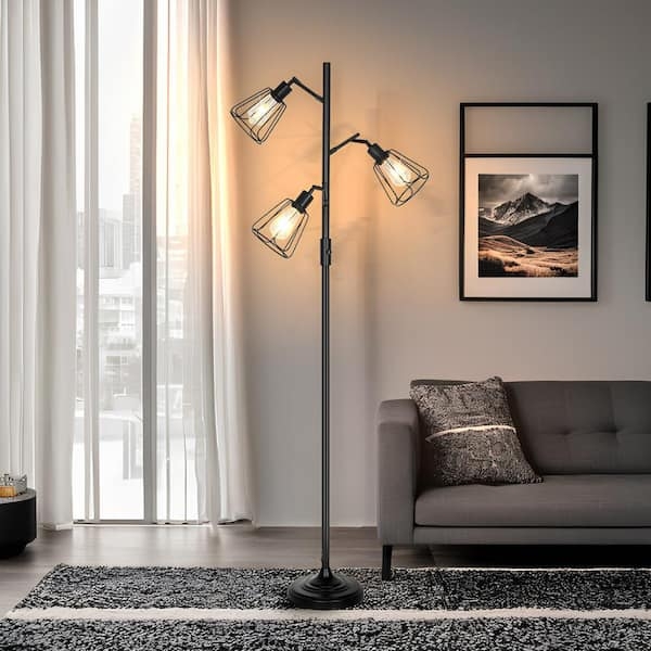 Three Light Floor Lamp: Black Metal Tree Design with Adjustable Heads