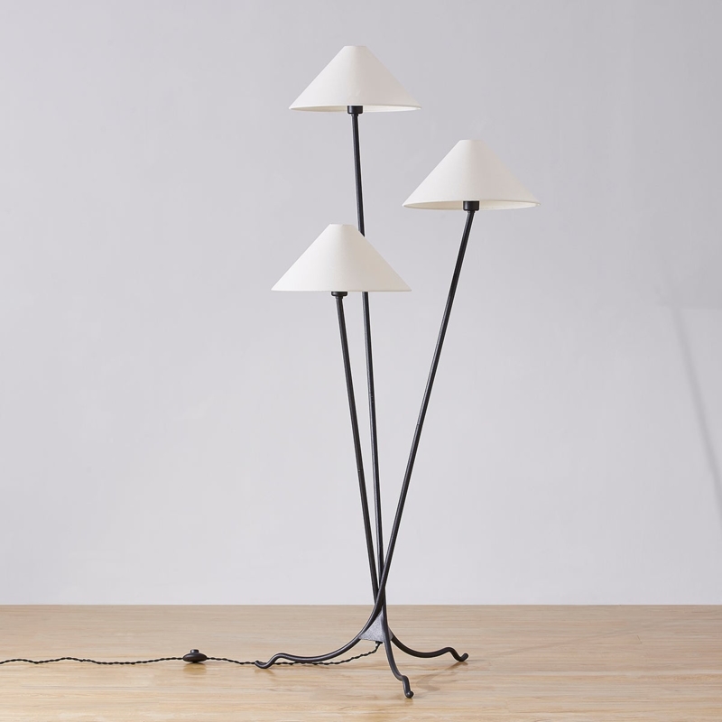 Three-Light Floor Lamp: Forged Iron Finish with Tiered Drum Shades