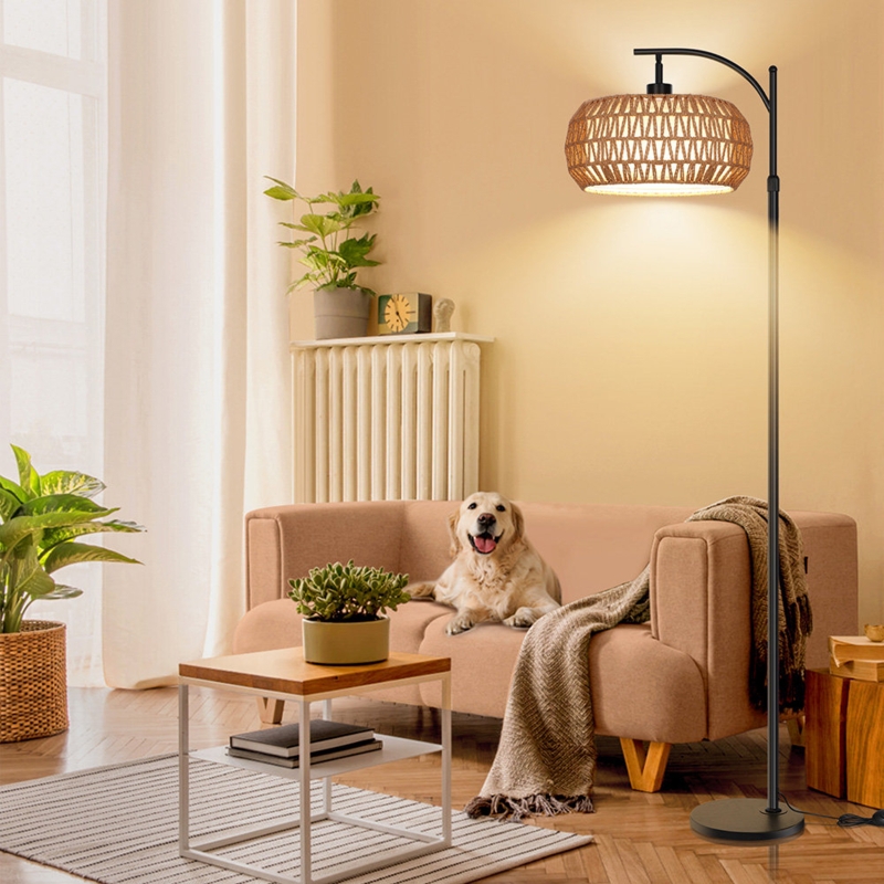 Three-Light Floor Lamp with Arc Arms and Woven Rattan Shades