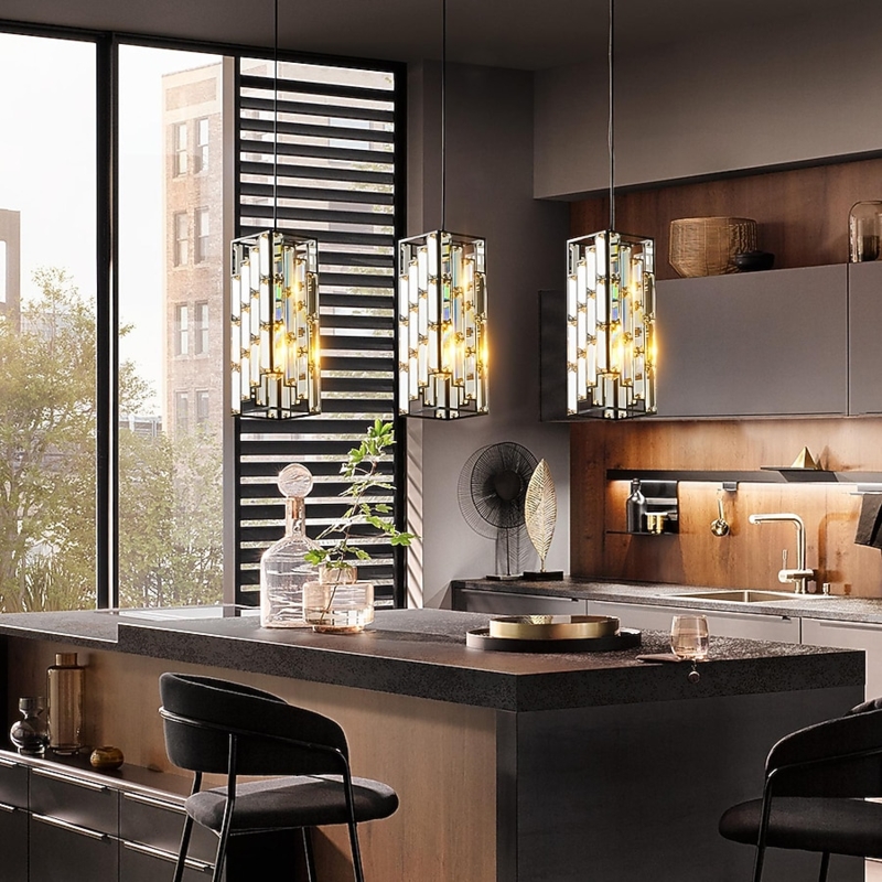 Three Light Linear Pendant Dark Frame Crystal Prism Contemporary