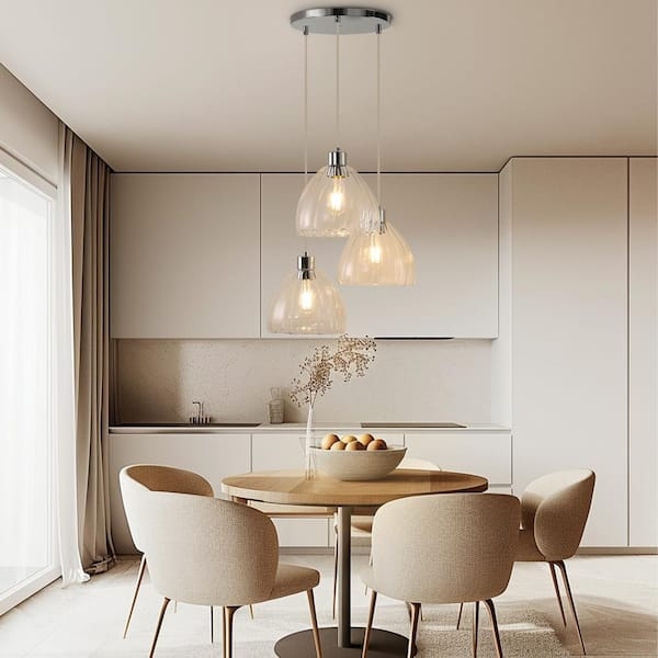 Three-Light Linear Pendant Polished Silver Clear Bell Glass Shades