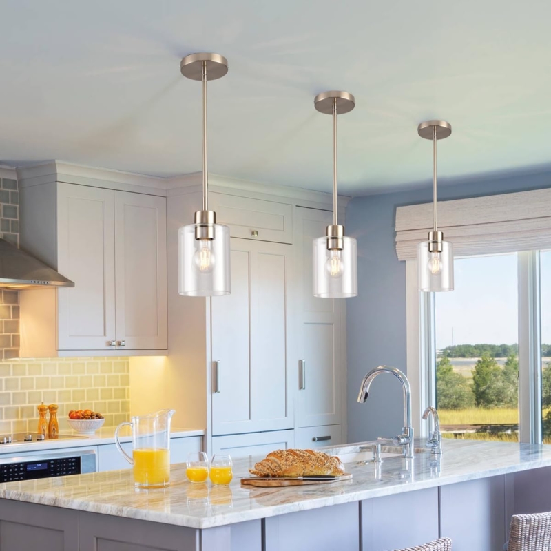 Three Light Pendant Fixture Set Brushed Nickel Clear Glass Cylinders