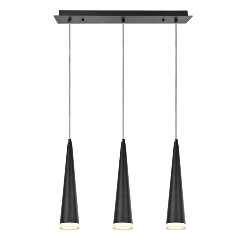 Three Light Pendant Matte Dark Staggered Cylinders Gold Detail