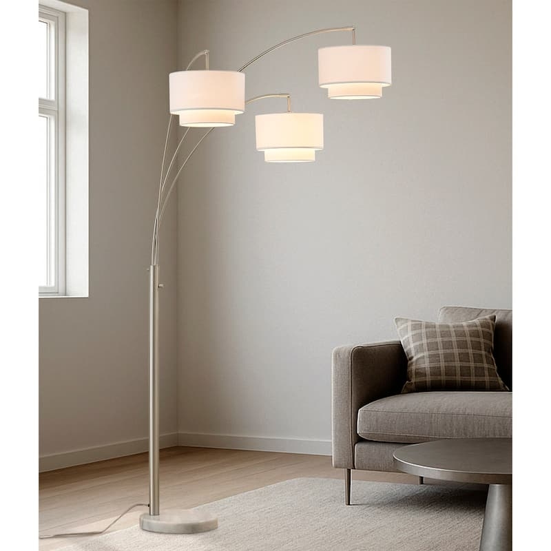 Three-Light Tiered Arch Floor Lamp in Dark Bronze with White Drum Shades