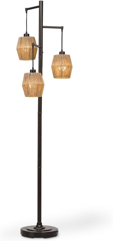 Three-Light Tree Floor Lamp, Woven Rope Drum Shades