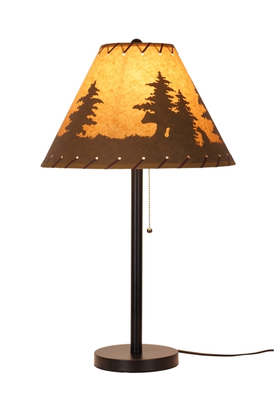 Three Piece Lamp Set with Dark Bronze Finish and Forest Print Shades.