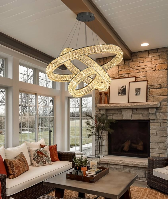 Three-Ring Chandelier Crystal Encrusted Gold Integrated LED
