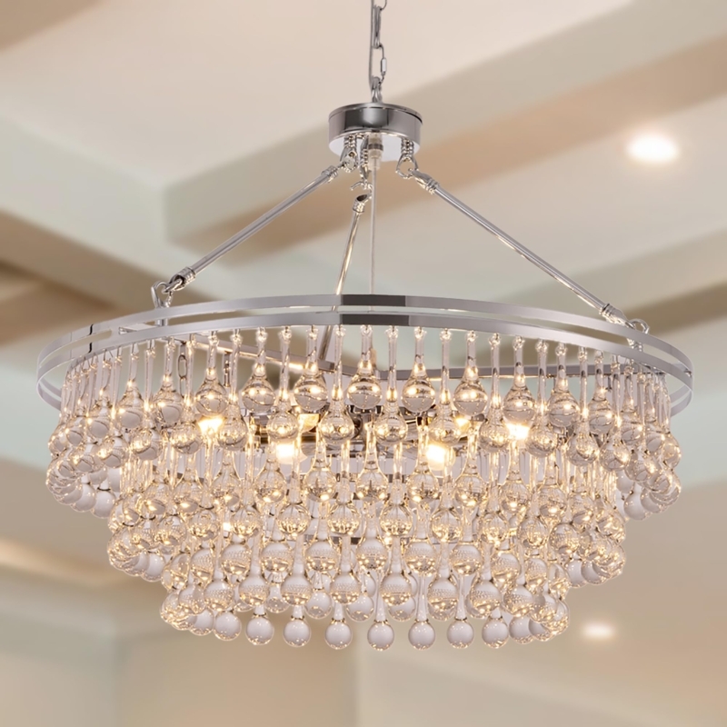 Three-Tier Drum Chandelier Faceted Crystals Modern Glam Style