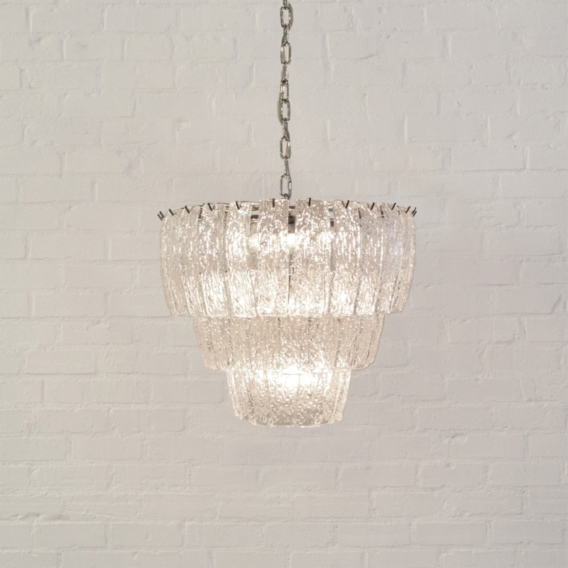 Three Tier Glass Chandelier Antique Gold Textured Glass Glam
