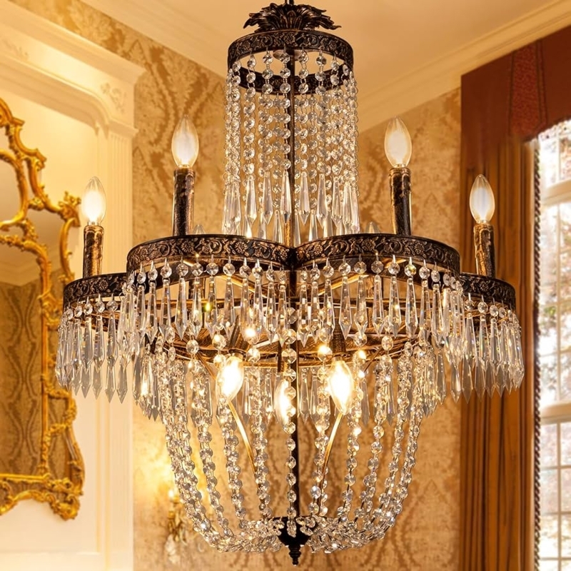 Tiered Bronze Chandelier with Beaded Crystal Swags, Antique Finish