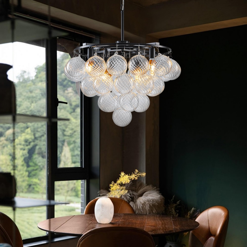 Tiered Bubble Chandelier, 4-Tier Cluster Design with Black Frame, Glam Style